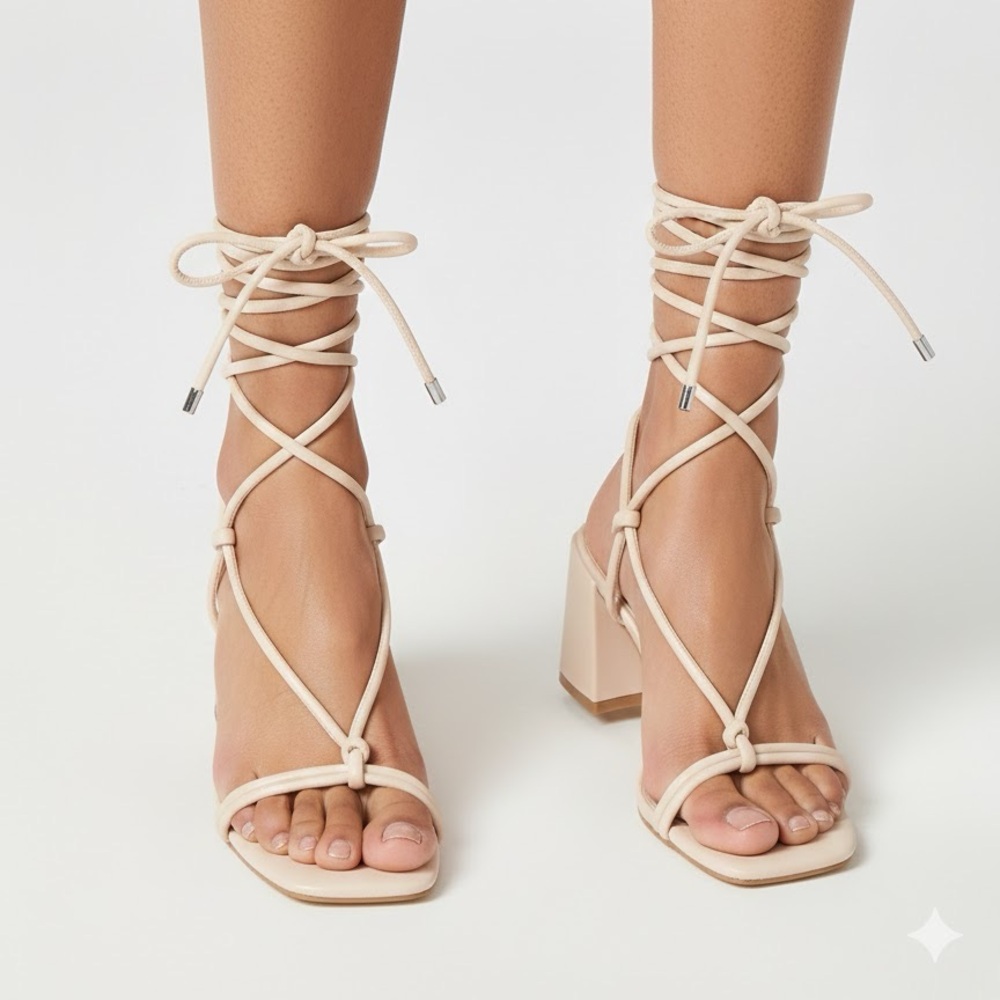 Amazon Lace-Up Strappy Block Heel Sandals in Beige